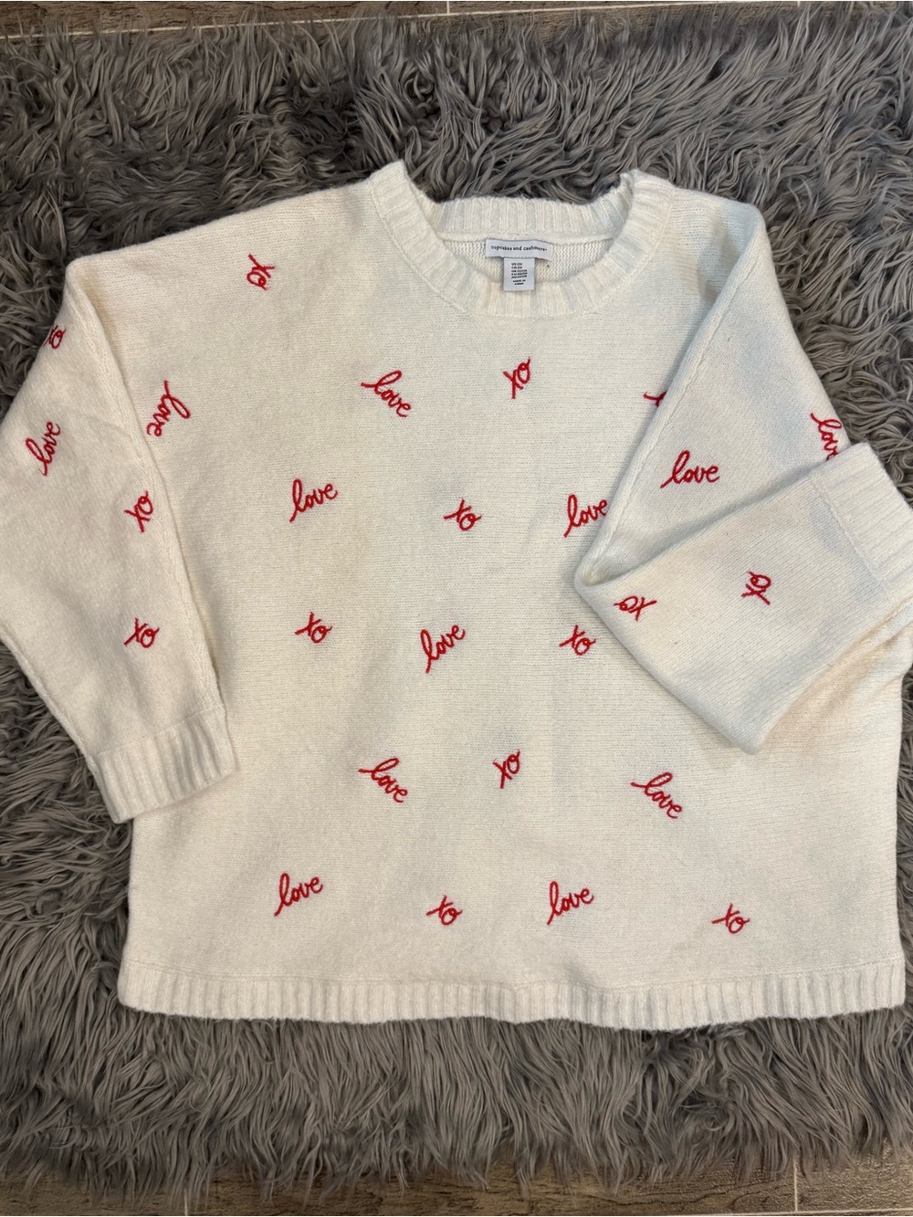 cupcakes & cashmere Cream Crewneck Sweater with Red 'love' Embroidery